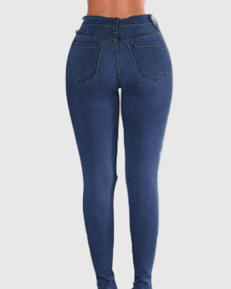 Hüfthebende Jeans mit Hohem Bund und Zerrissenem Stretch-Bein