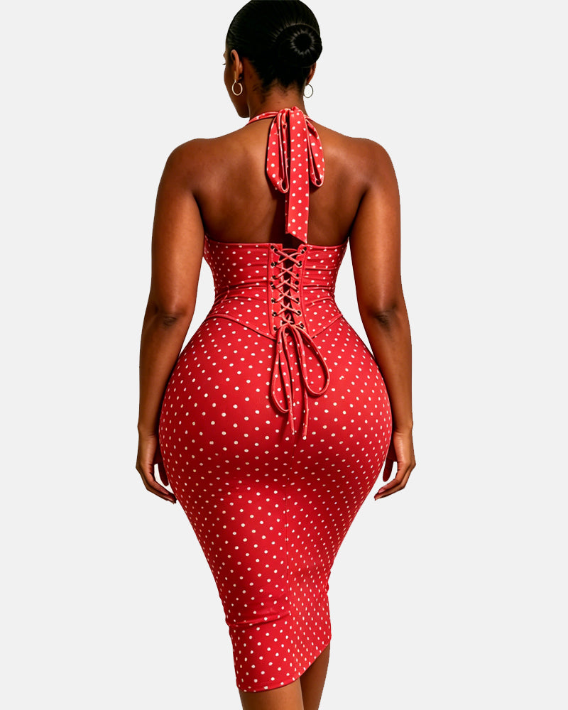Polka Dot Hourgalss Corset Halter Midi Dress with Lace-Up Back Two-Piece Set