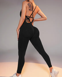 Damen Einfarbig Verstellbaren Schulterträgern Fitness Jumpsuit Mit Rücken-Kreuz Design