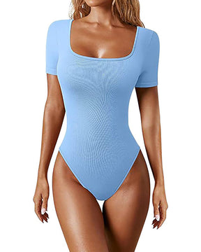 Damen Sexy Gerippter Eckigem Ausschnitt Kurzärmeliger Quadratischer Kragen Tanga Bauchweg Bodysuit