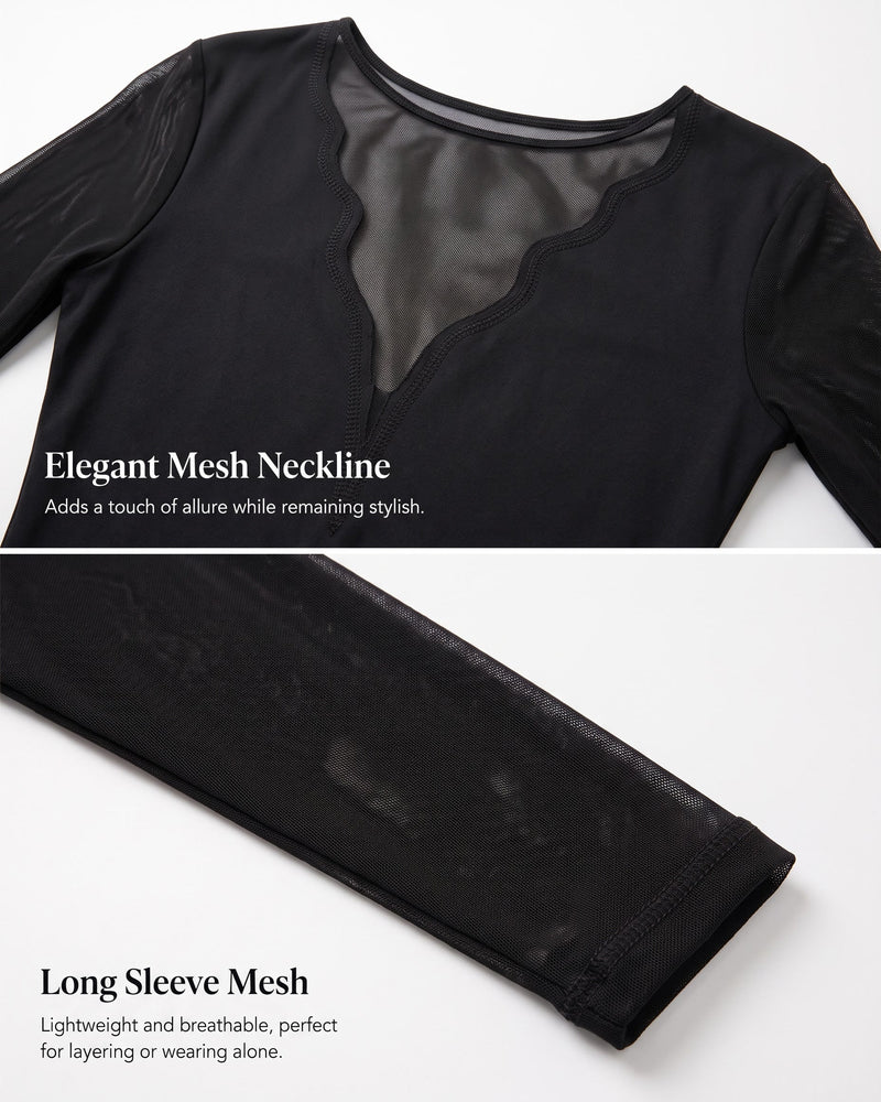 Shapshe® Sheer Mesh Long Sleeve Tummy Control Thong Shaping Bodysuit