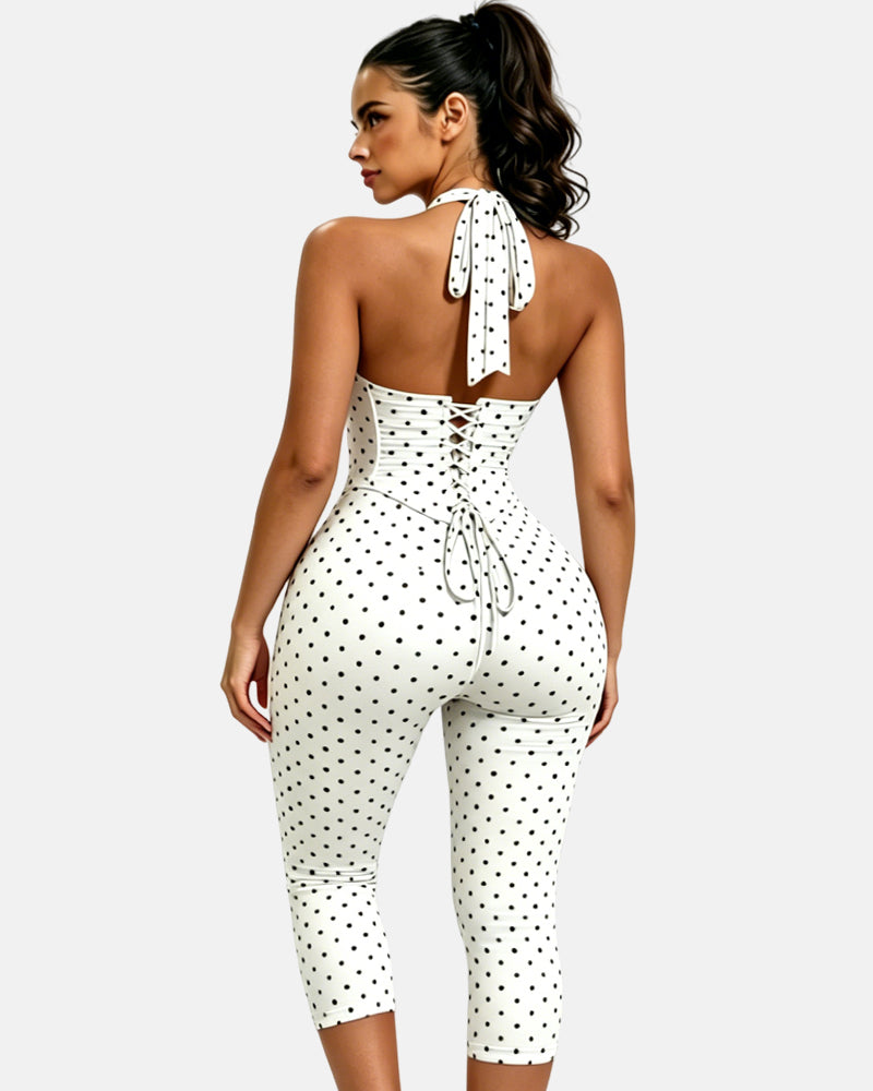 Hourglass Figure Body Shaper Waist Cincher Polka Dot Capri Jumpsuit Two-Piece Set