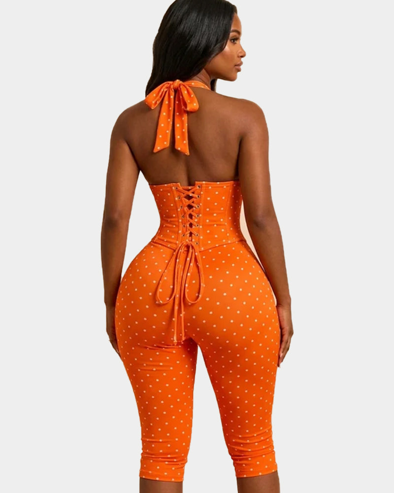 Hourglass Figure Body Shaper Waist Cincher Polka Dot Capri Jumpsuit Two-Piece Set
