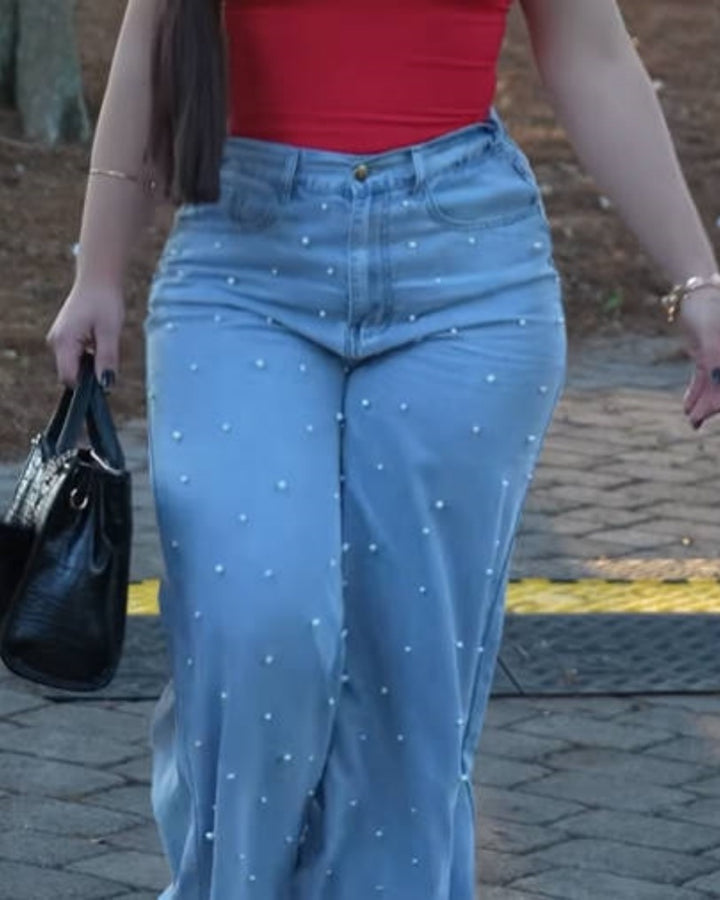 Stylische Verwaschene High Waist Wide Leg Jeans mit Perlennieten (Vorverkauf)