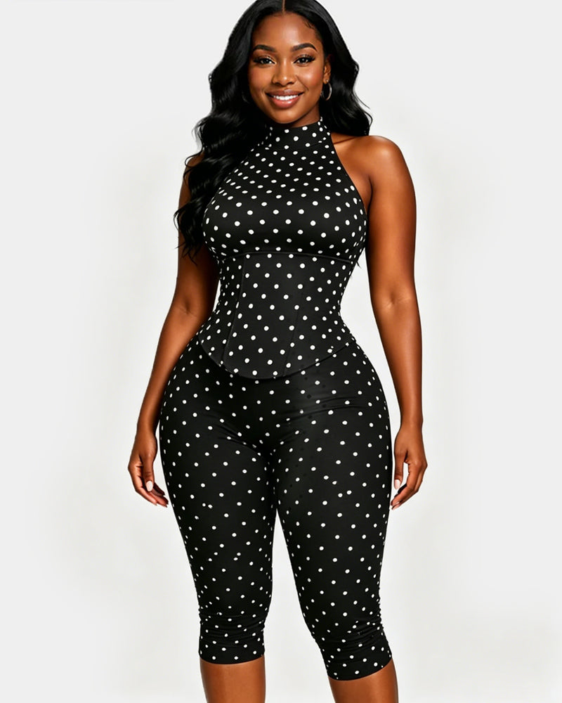 Polka Dot Halter Neck Backless Slim-Fit Stretch Capri Jumpsuit