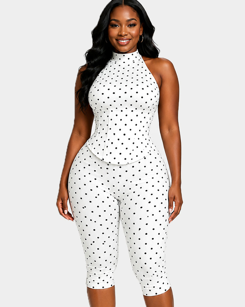 Polka Dot Halter Neck Backless Slim-Fit Stretch Capri Jumpsuit