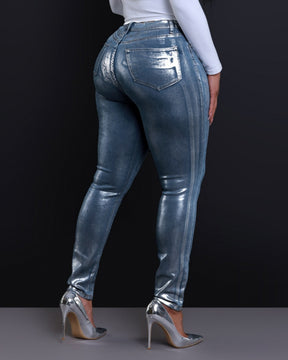 Sexy Silberfarbene Skinny-Stretch-Jeans für Damen