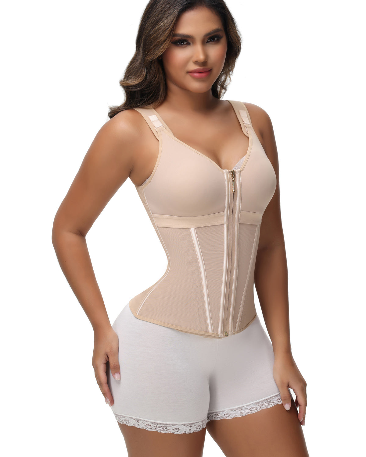 Damen Stäbchen Latex Reißverschluss Korsett Bauchkontrolle Body Shaper Weste Mit BH