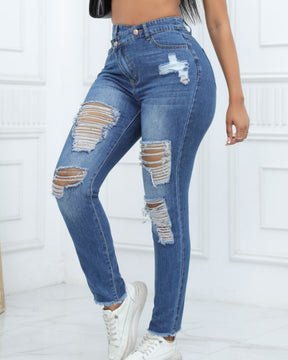 Damen Skinny Jeans mit Hoher Taille und Schräger Schnalle