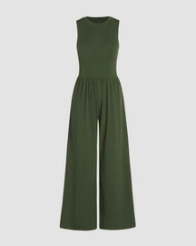 Weste mit Rundhalsausschnitt Hohe Taille Jumpsuit Hose mit Weitem Bein