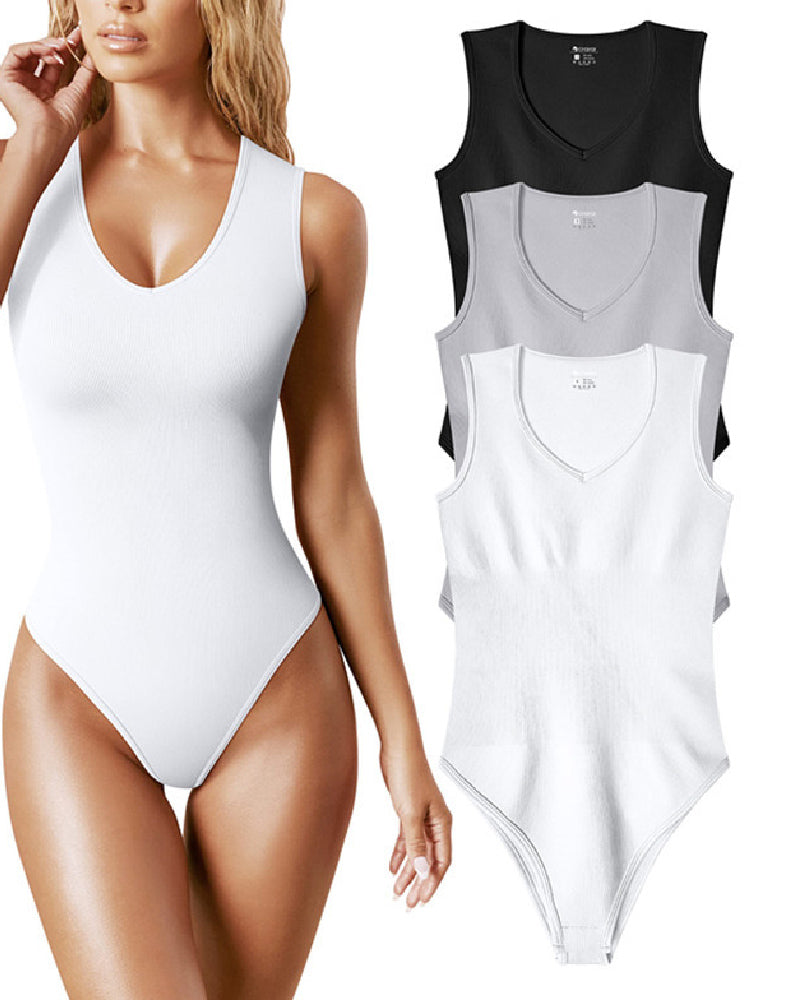 Sexy Gerippte Ärmellos Tanktops Bodysuits Für Damen Mit V-Ausschnitt