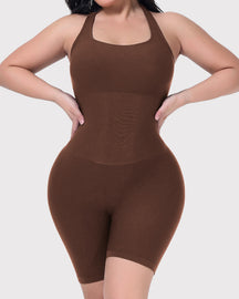 Gerippter Neckholder Racerback Shapewear Bauchweg Po Lift Mittlerer Oberschenkel Bodysuit