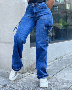 Damen Vintage Cargo Jeans Weites Bein Lässige Hose mit Hoher Taille und Großen Taschen