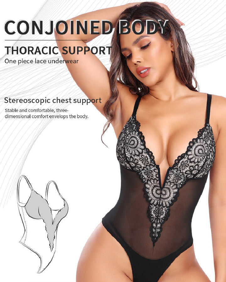 Shapshe® Damen Sexy Transparente Mesh Spitzen Tiefem V-Ausschnitt Bauchkontrolle Tanga Bodysuit