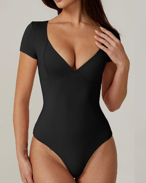 Damen V-Ausschnitt Kurzarm Doppellagige Naht-Cups Oberteil Bodysuit