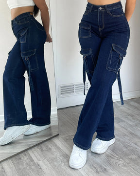 Damen Hohe Taille Cargo Jeans Weitem Bein Lässige Flaschentaschen Hose