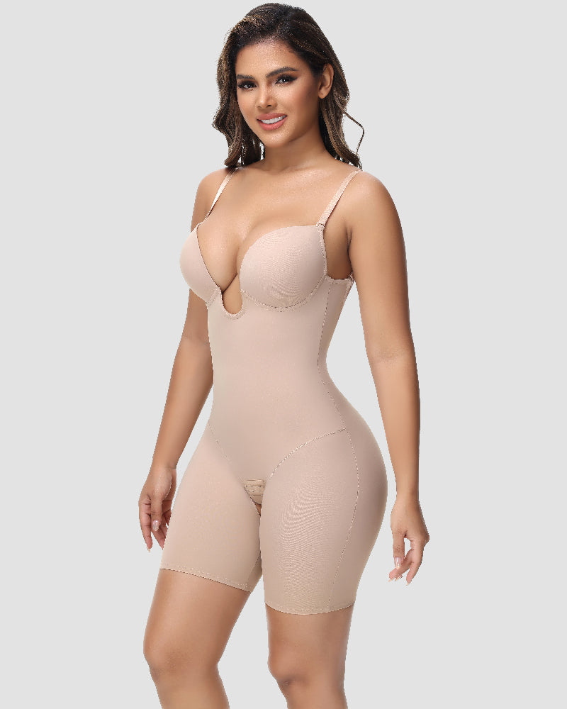 Damen U-Plunge Trägerlos Bodysuit Bauchkontrolle Integriertem BH Shapewear