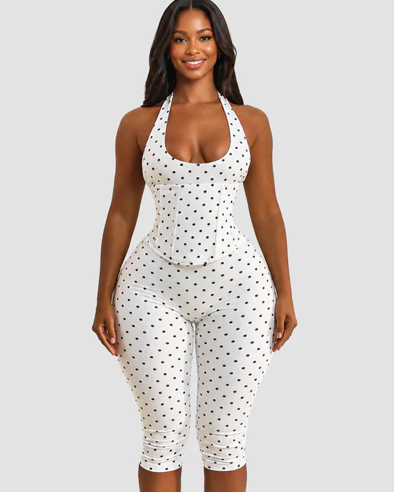 Hourglass Figure Body Shaper Waist Cincher Polka Dot Capri Jumpsuit Two-Piece Set