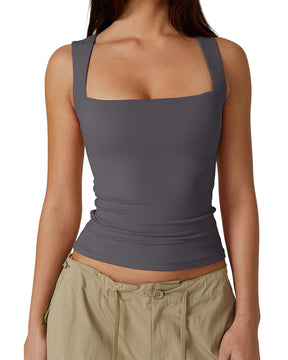 Damen Basic Quadratischem Ausschnitt Ärmellose Tanktops Doppellagig Formende Weste