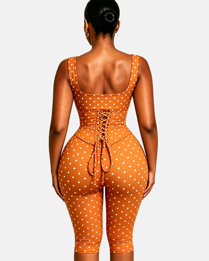 Polka Dot Square Neck Capri Jumpsuit with Hourglass Detachable Corset Two-Piece Set