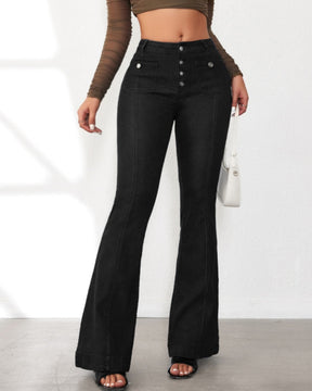 Damen Jeans mit Hoher Taille und Knopfleiste Schmaler Schnitt Ausgestellter Beinabschluss