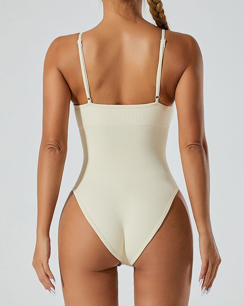 Sexy Gerippter Ärmelloser Einfarbige Spaghettiträgern Bodysuit Shapwear Für Damen