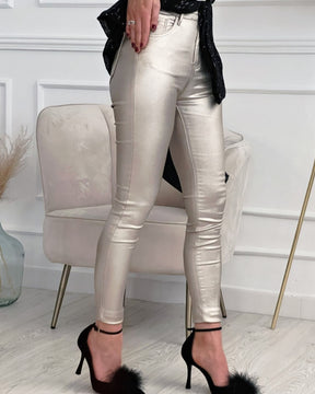 INS Style Mehrfarbige Skinny Lederhose mit Hoher Taille für Damen