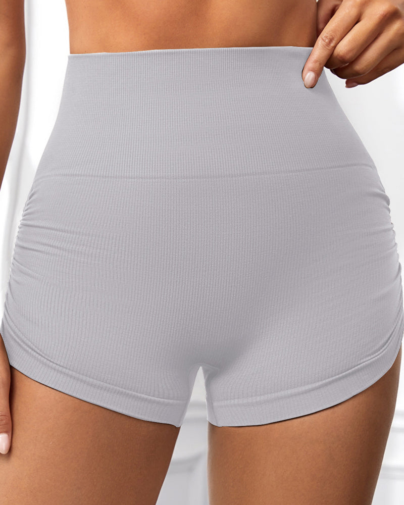 Seitlicher Kordelzug Hohe Taille Einfarbige Yoga Shorts mit Fäden