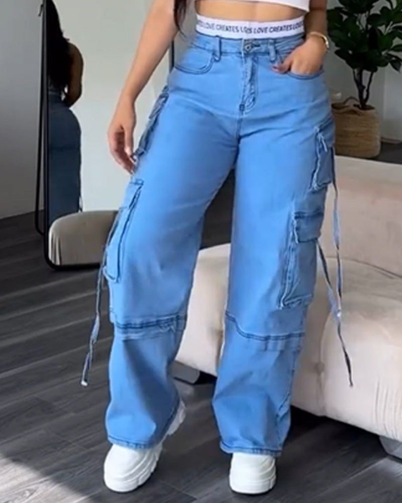 Shapshe® Damen Cargo Jeans mit Multi-Pocket Straight Denim