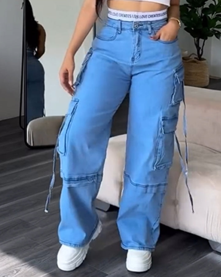 Shapshe® Damen Cargo Jeans mit Multi-Pocket Straight Denim