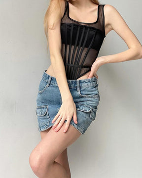 Sexy Mesh Stäbchen Korsett Weste Schnürung Rücken Bustier Cropped Top