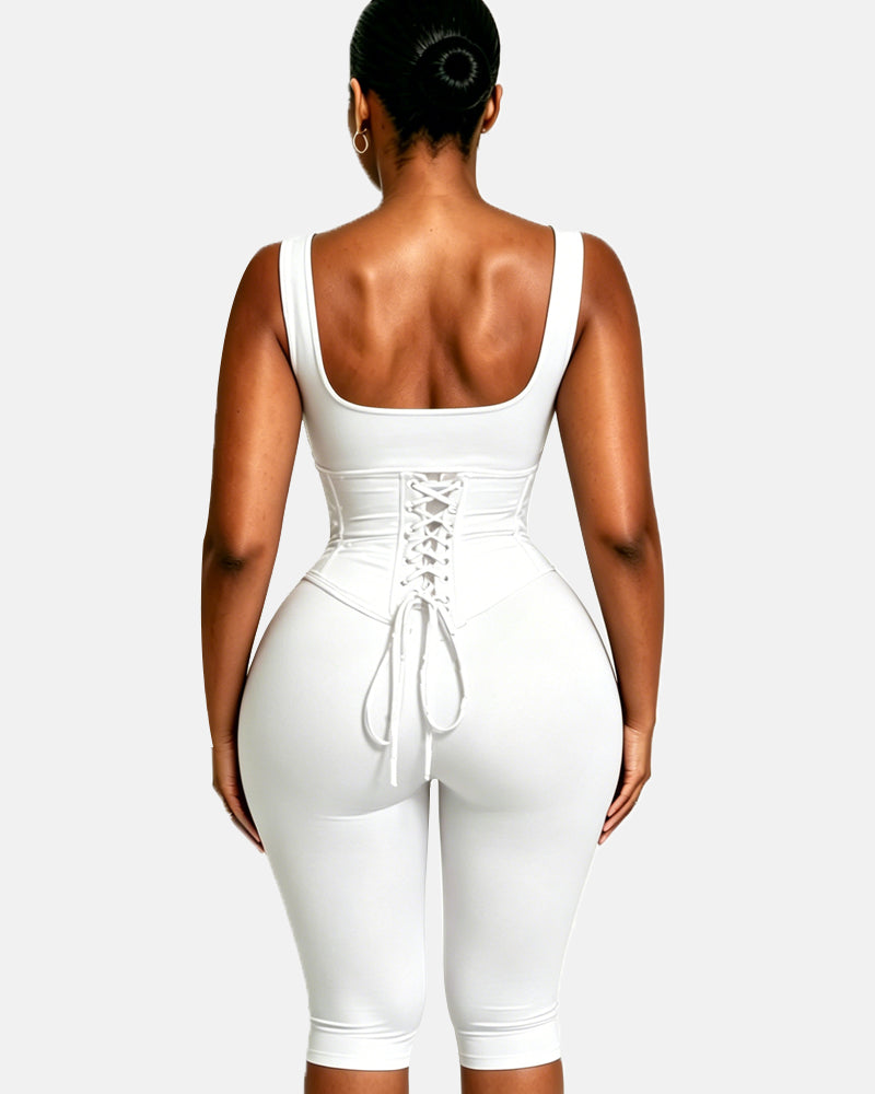 Polka Dot Square Neck Capri Jumpsuit with Hourglass Detachable Corset Two-Piece Set