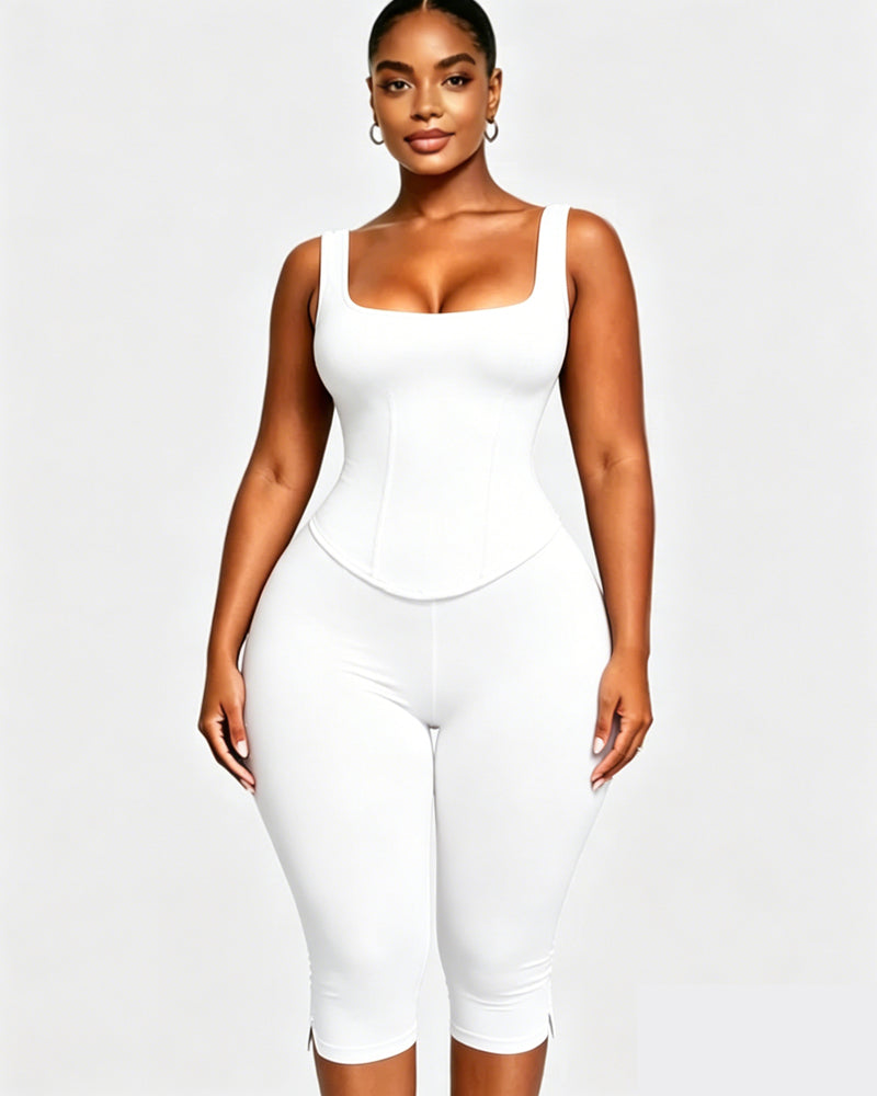 Polka Dot Square Neck Capri Jumpsuit with Hourglass Detachable Corset Two-Piece Set