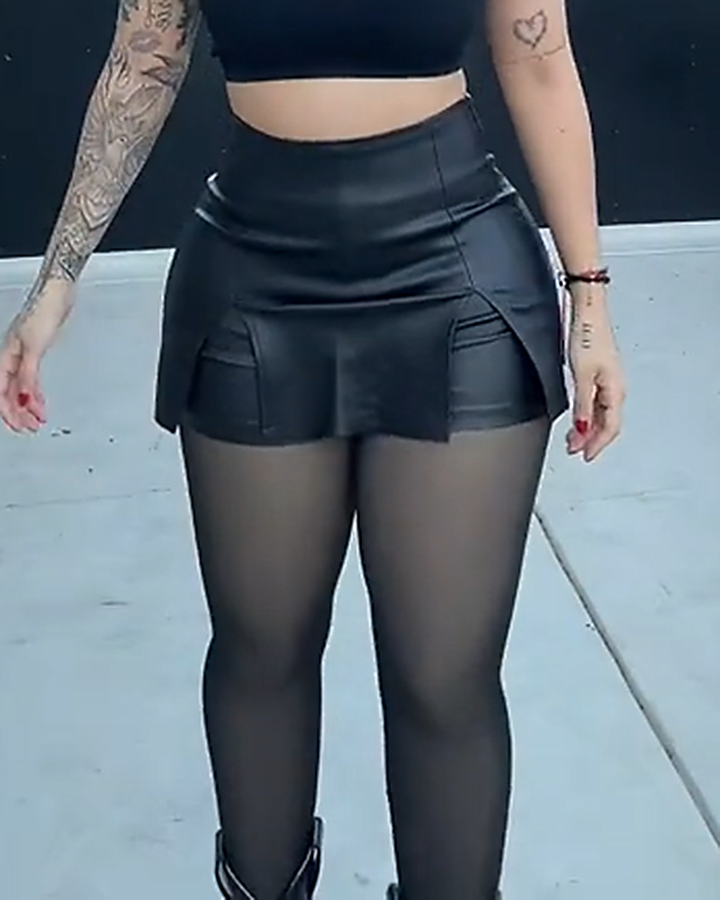 Sexy Lederrockhose mit Schlitz und Hoher Taille zum Schutz vor Entblößung