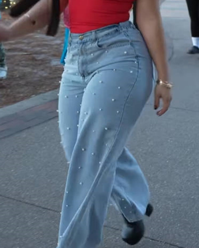 Stylische Verwaschene High Waist Wide Leg Jeans mit Perlennieten (Vorverkauf)