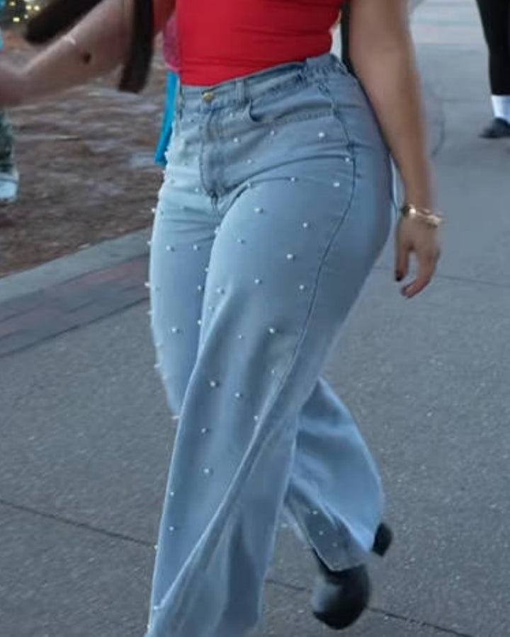 Stylische Verwaschene High Waist Wide Leg Jeans mit Perlennieten (Vorverkauf)