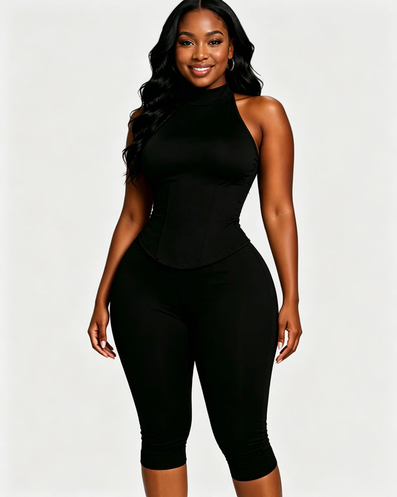Polka Dot Halter Neck Backless Slim-Fit Stretch Capri Jumpsuit