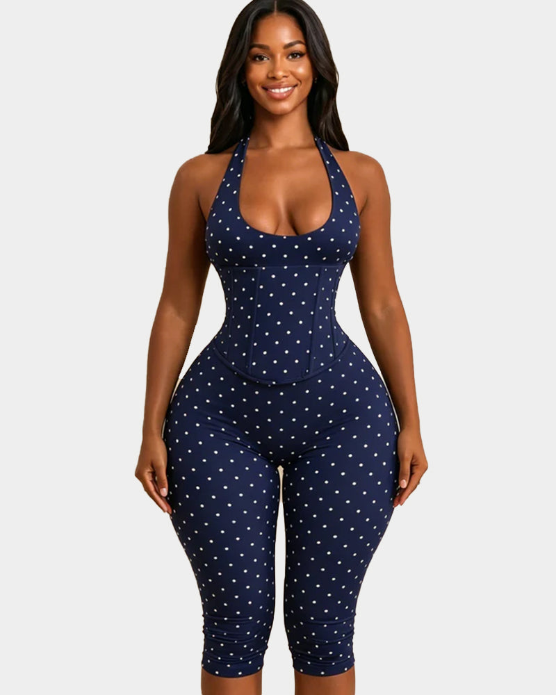 Hourglass Figure Body Shaper Waist Cincher Polka Dot Capri Jumpsuit Two-Piece Set