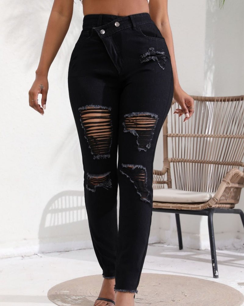 Damen Skinny Jeans mit Hoher Taille und Schräger Schnalle