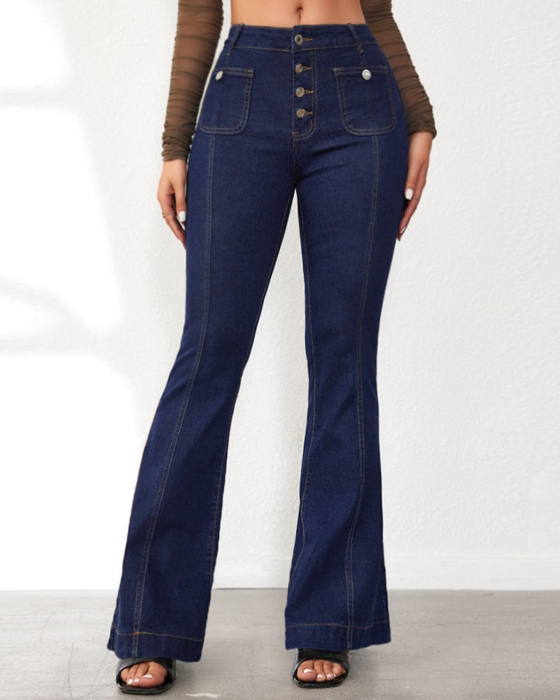 Damen Jeans mit Hoher Taille und Knopfleiste Schmaler Schnitt Ausgestellter Beinabschluss