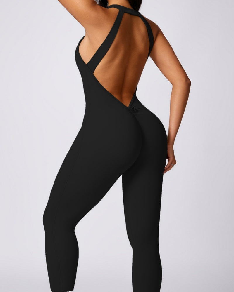 Pfirsichfarbener Hüfthebender und Schöner Schnelltrocknender Yoga Jumpsuit mit Rücken