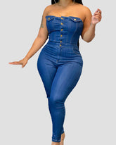 Modischer Einreihiger Trägerloser Schmal Geschnittener Jeans Jumpsuit für Damen