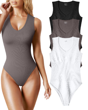 Sexy Gerippte Ärmellos Tanktops Bodysuits Für Damen Mit V-Ausschnitt