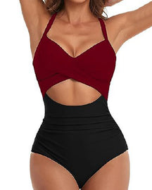 Einteilige Cutout Badeanzug Bauchweg Hoher Taille Bindeband Hinten Bademode