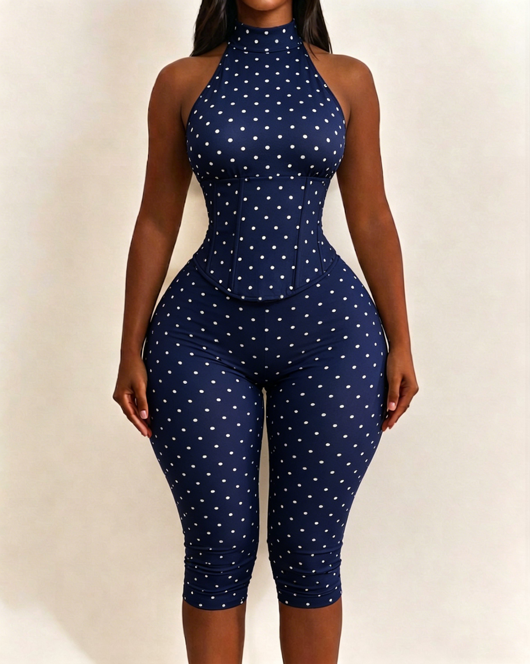 Polka Dot Halter Neck Backless Slim-Fit Stretch Capri Jumpsuit