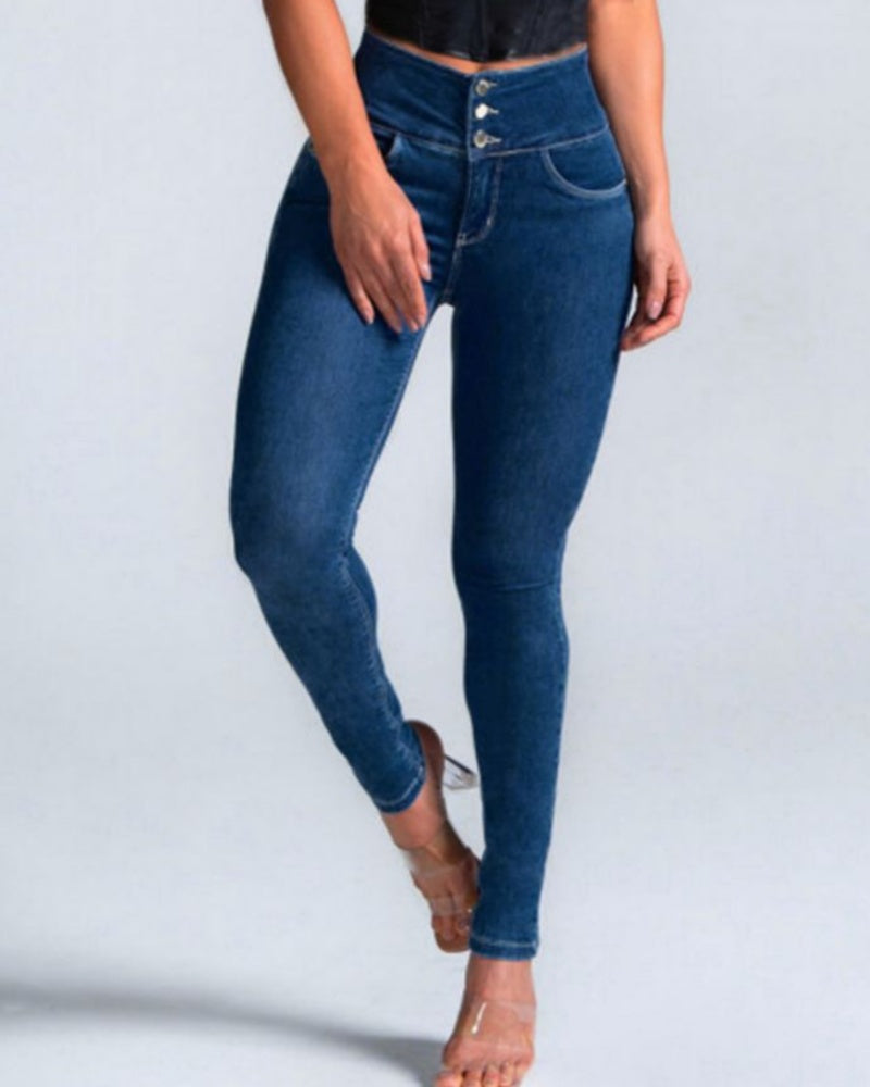 Sexy Skinny Jeans mit Hoher Taille und Schmaler Passform und Mehreren Knöpfen