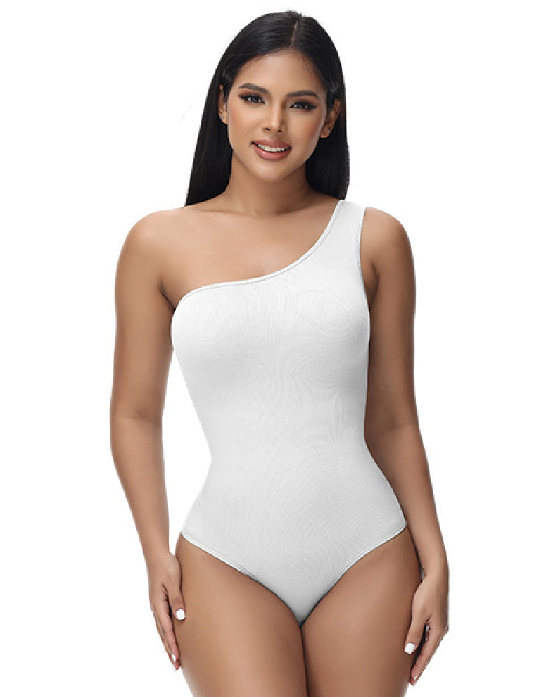 Sexy Geripptes Ein-Schulter Ärmelloses Tanktop Enger Stretch Bodysuit