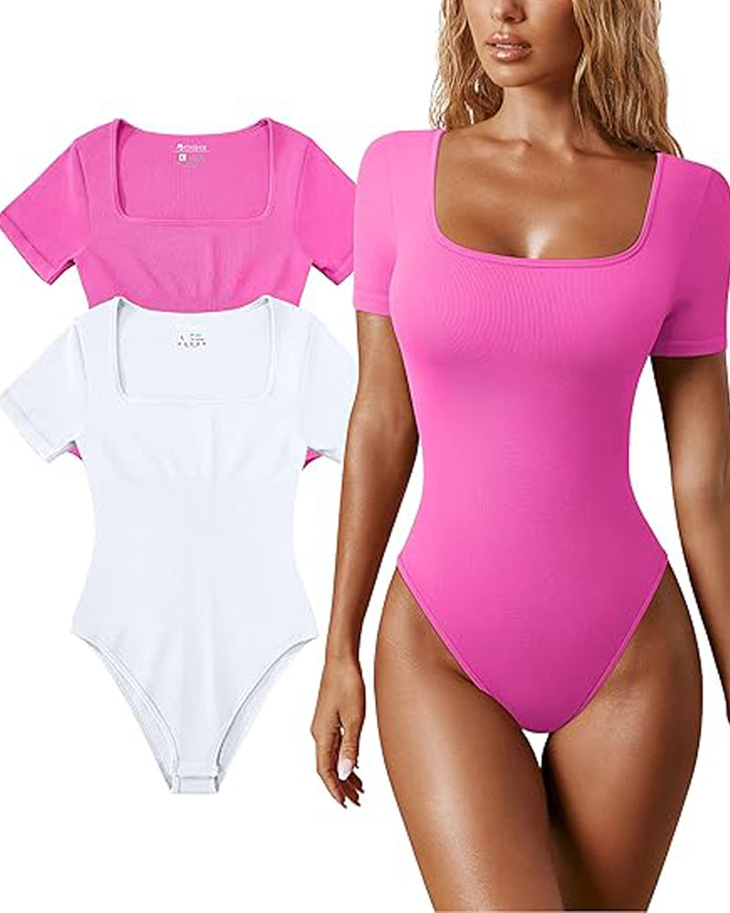 Damen Sexy Gerippter Eckigem Ausschnitt Kurzärmeliger Quadratischer Kragen Tanga Bauchweg Bodysuit