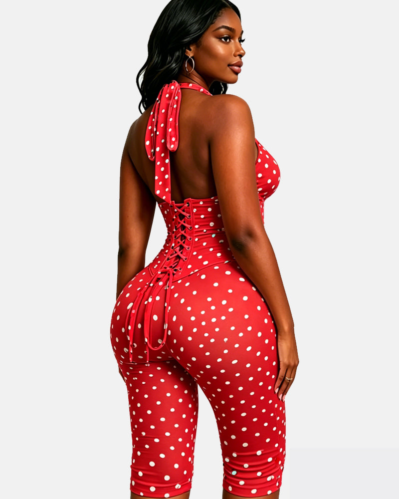 Polka Dot Halter Neck Backless Slim-Fit Stretch Capri Jumpsuit