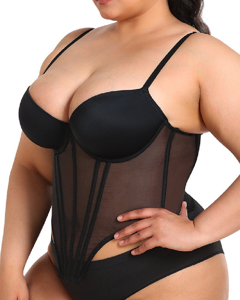 Damen Sexy Mesh Korsett Top Überbrust Bügel Stäbchen Push Up Bustier